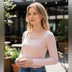 Kendall & Kylie Pastel Pink Fitted Ribbed Long Sleeve Crop Top Blouse Sz M